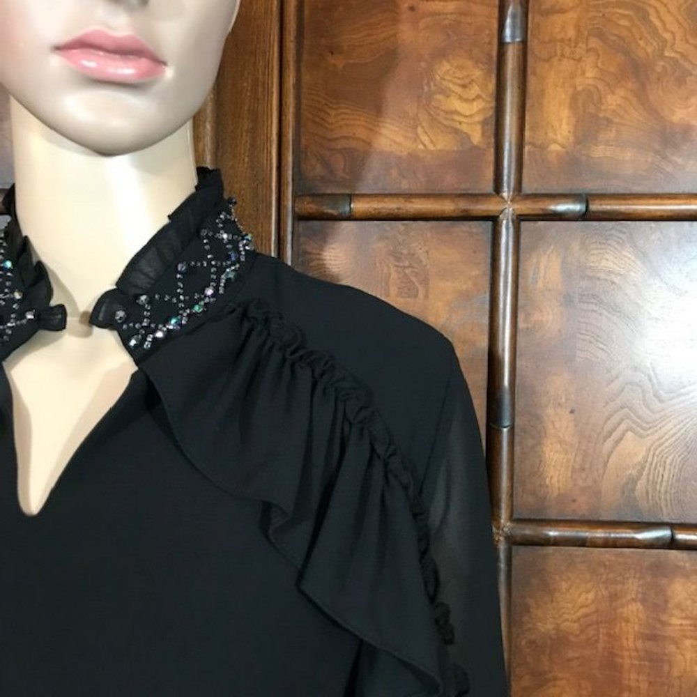 Black Ruffle Beaded Collar Poet Sleeve Chiffon Bl… - image 7
